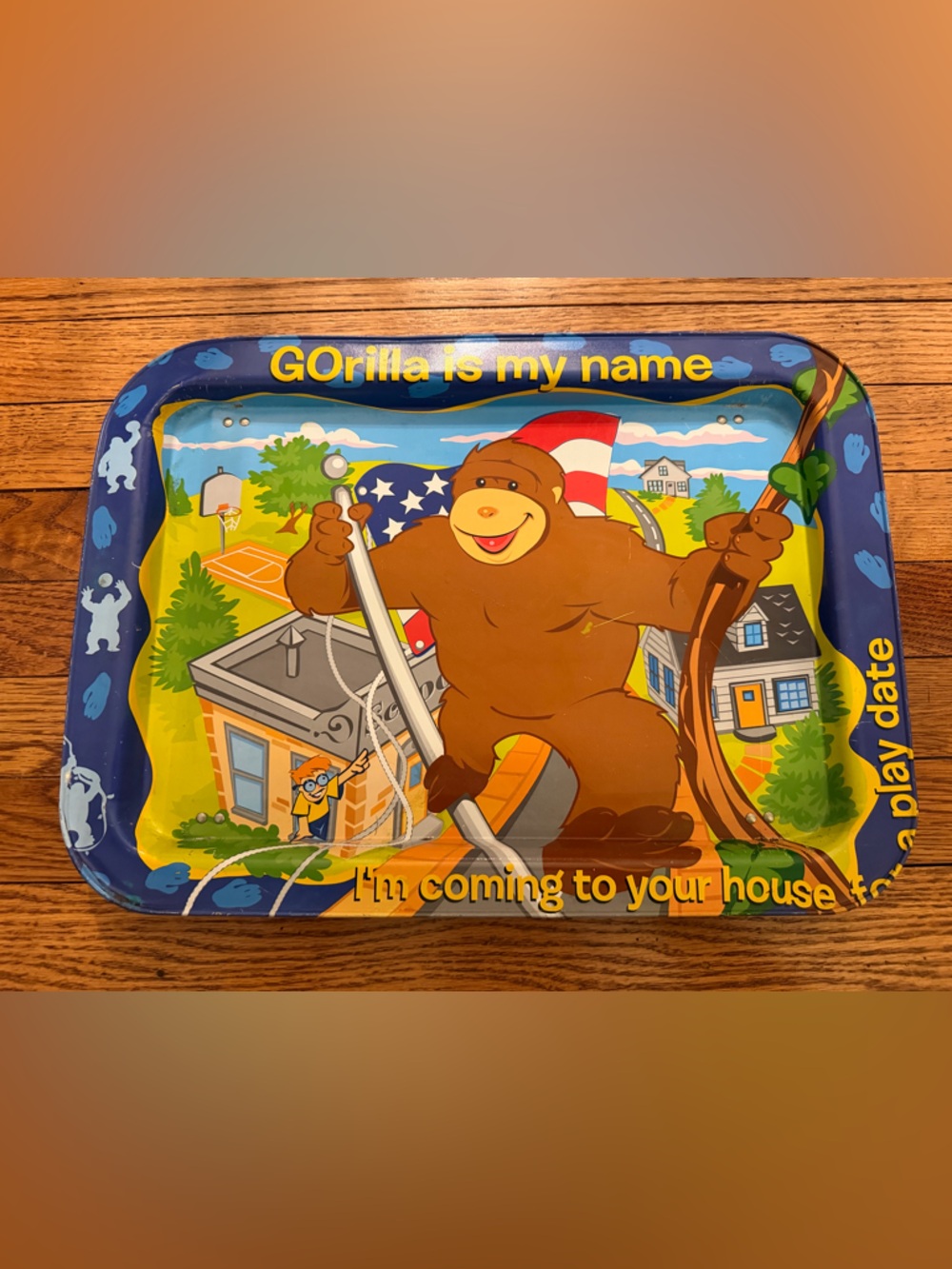 Vintage Gorilla Is My Name Blue Children’s TV Tray - Playful Gorilla Design